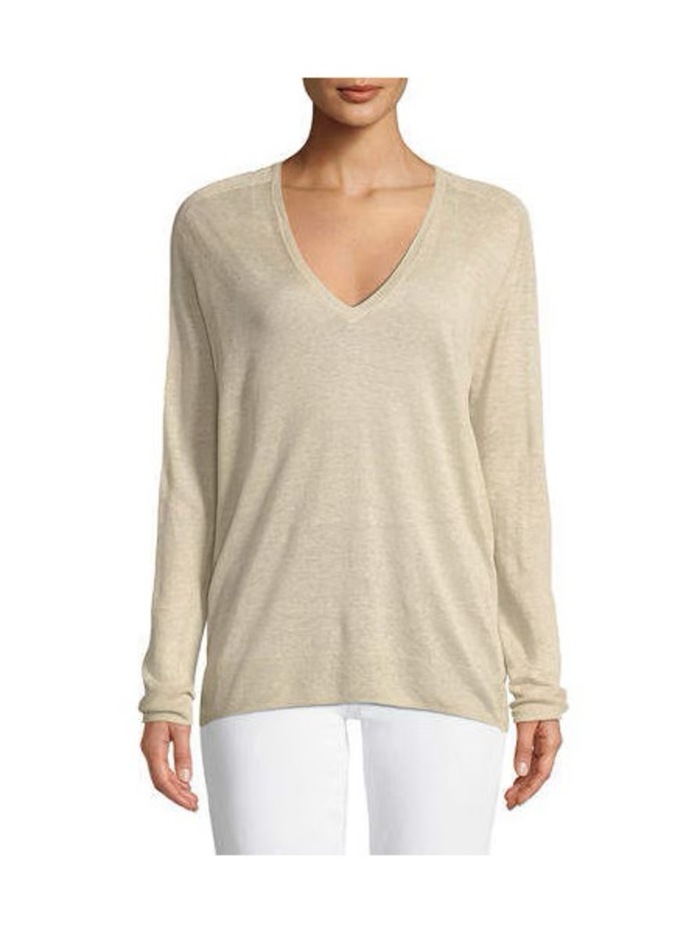 Theory Lightweight Linen V-Neck Sweater in Camel - Picture 4 of 5